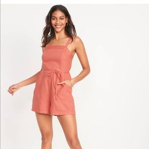Sleeveless Waist-Defined Linen-Blend Utility Romper-NWT!